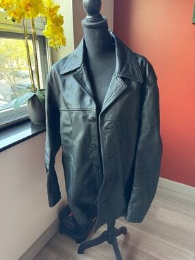 Wilsons Leather Black Men's Leather Trench Coat - Button Front